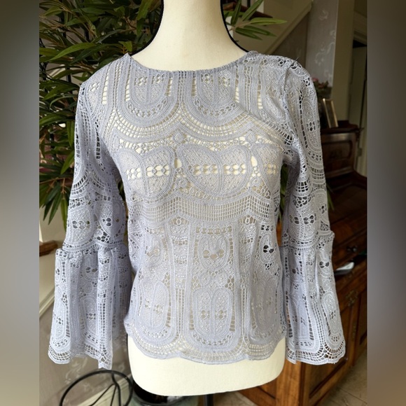 I MADELINE long sleeve small crocheted top bell sleeves NWT baby blue - Picture 3 of 12